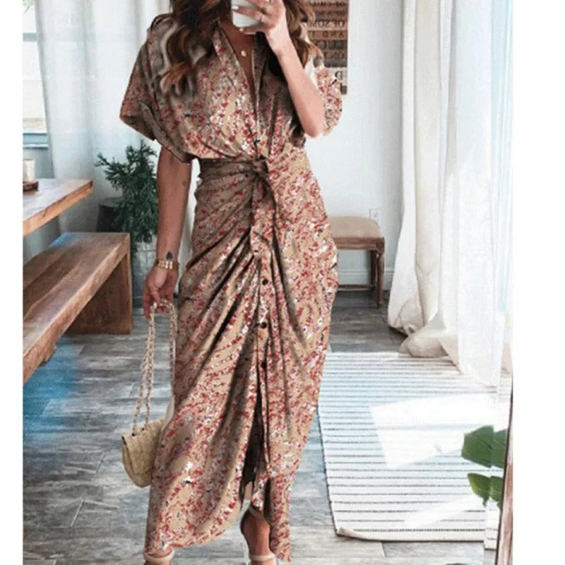 Sexy Irregular Long Dress For Women Fashion V-neck Lace-up Wrinkled Buttoned Dress Elegant Short Sleeves Clothing Ropa De Mujer