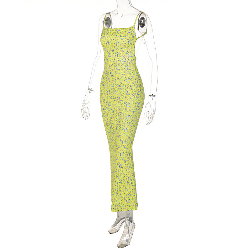 Women Elegant Dress Sexy Spaghetti Strap Sleeveless Backless Slim Fit Floral Printed Long Dresses Summer Bodycon Dress Y2K