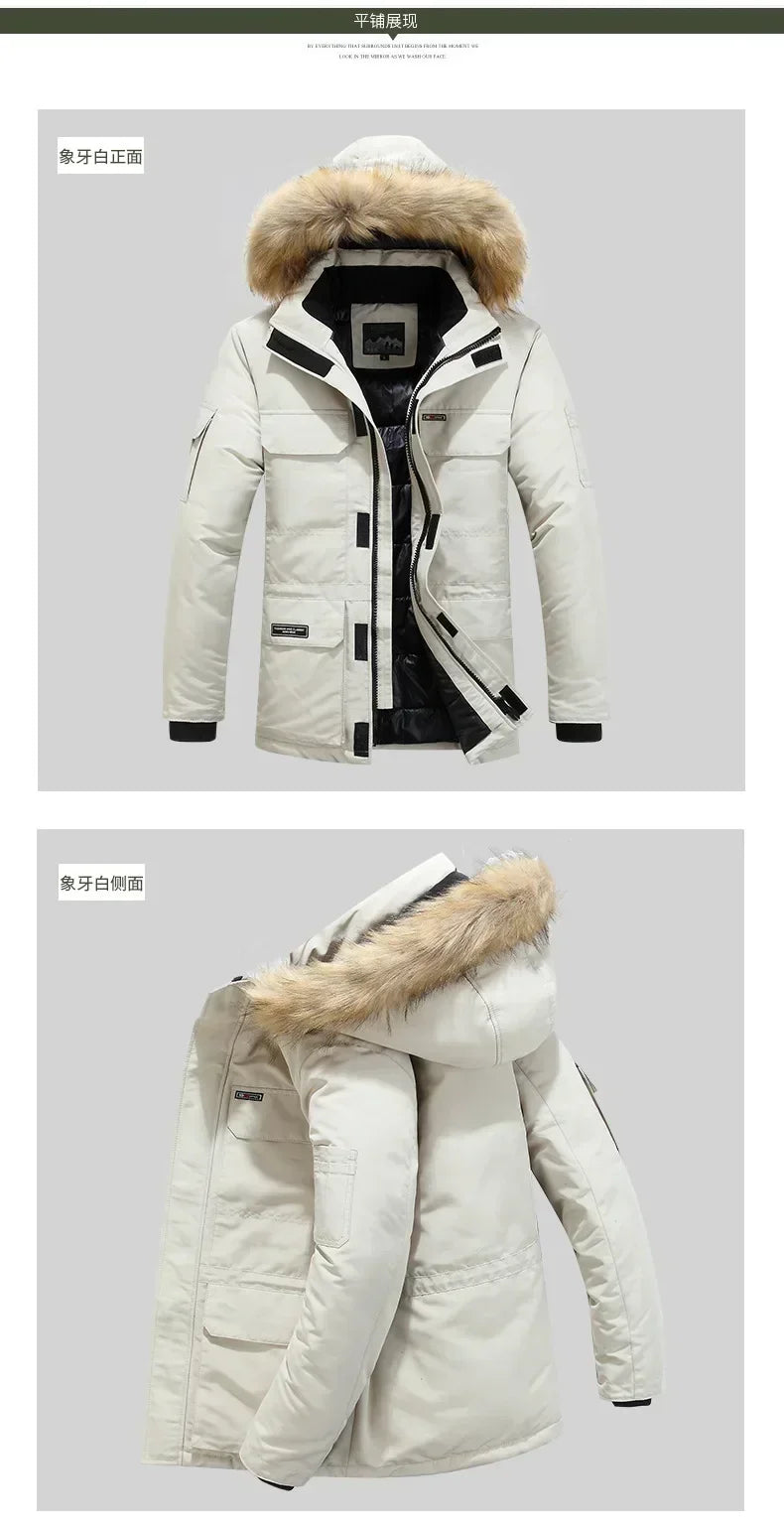 Fleece Winter Fur Hooded Parkas Men Duck Down Snow Jacket Windproof Coats Thickened -30 Degree Keep Warm Outdoor Outerwear