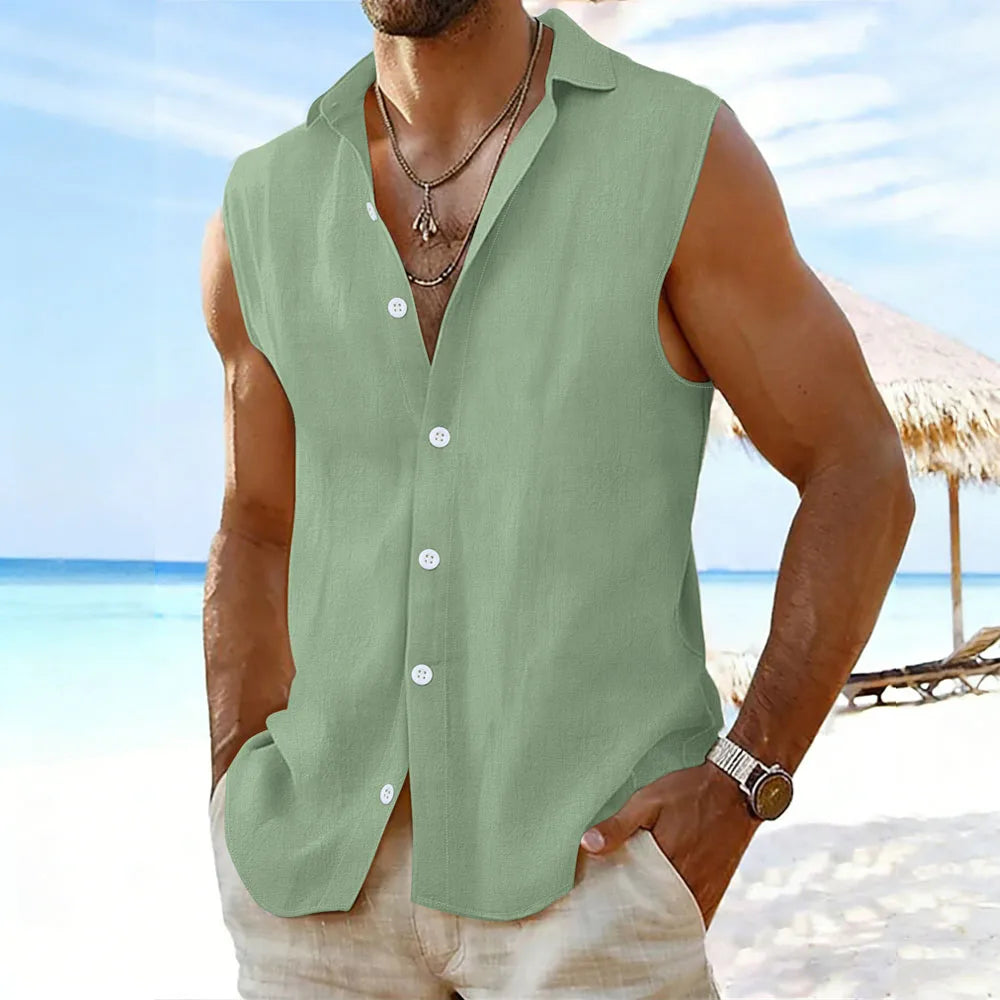 2026 Men's Sleeveless Cotton Linen Shirt Turn Down Collar Button Up Casual Beach Tops