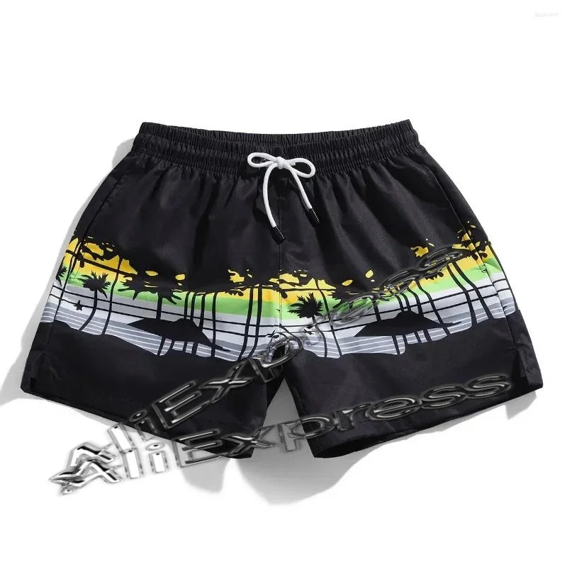 Coconut Tree Pattern Beach Shorts For Men Fishbone 3D Printed Swim Trunks Summer Street Surf Board Shorts Vacation Short Pants