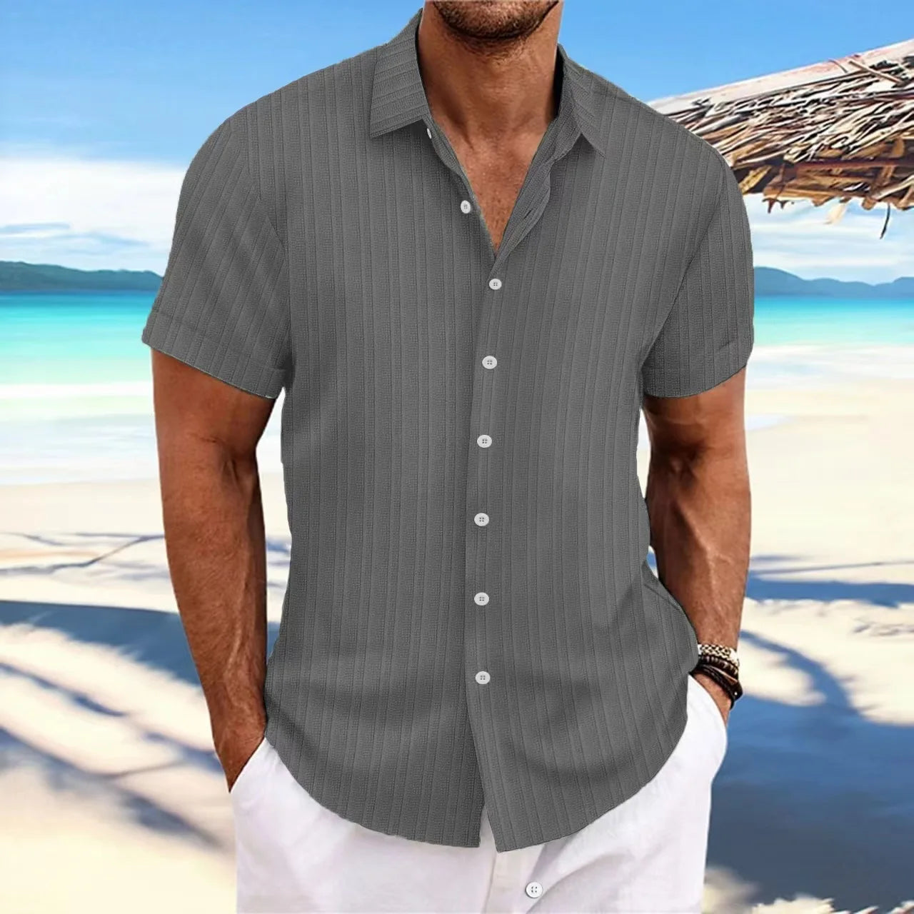 Simple And Versatile Summer New Men's Cotton And Linen Striped Jacquard Shirt Casual Comfortable Loose Short-Sleeved Shirt