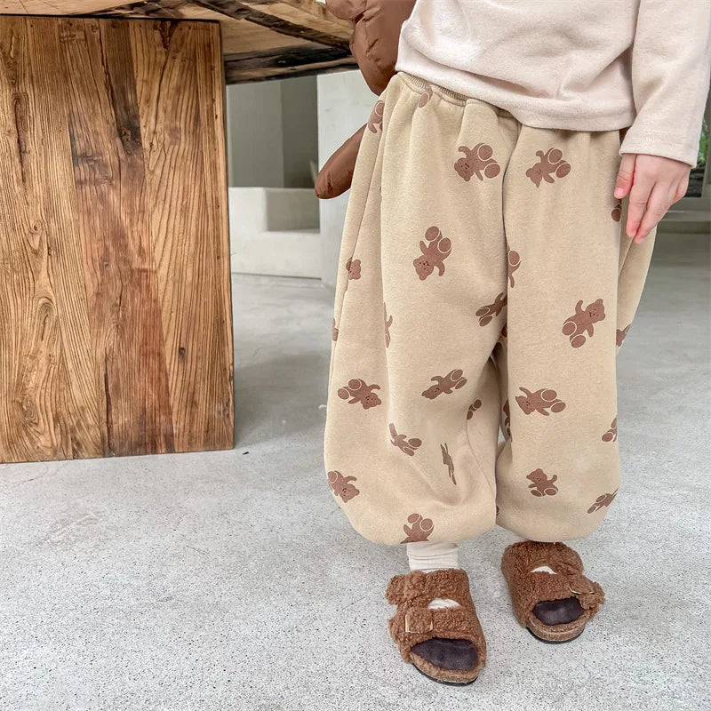 Winter Boys and girls cartoon bears inner fleece sweatpants Children thicken warm loose Trousers