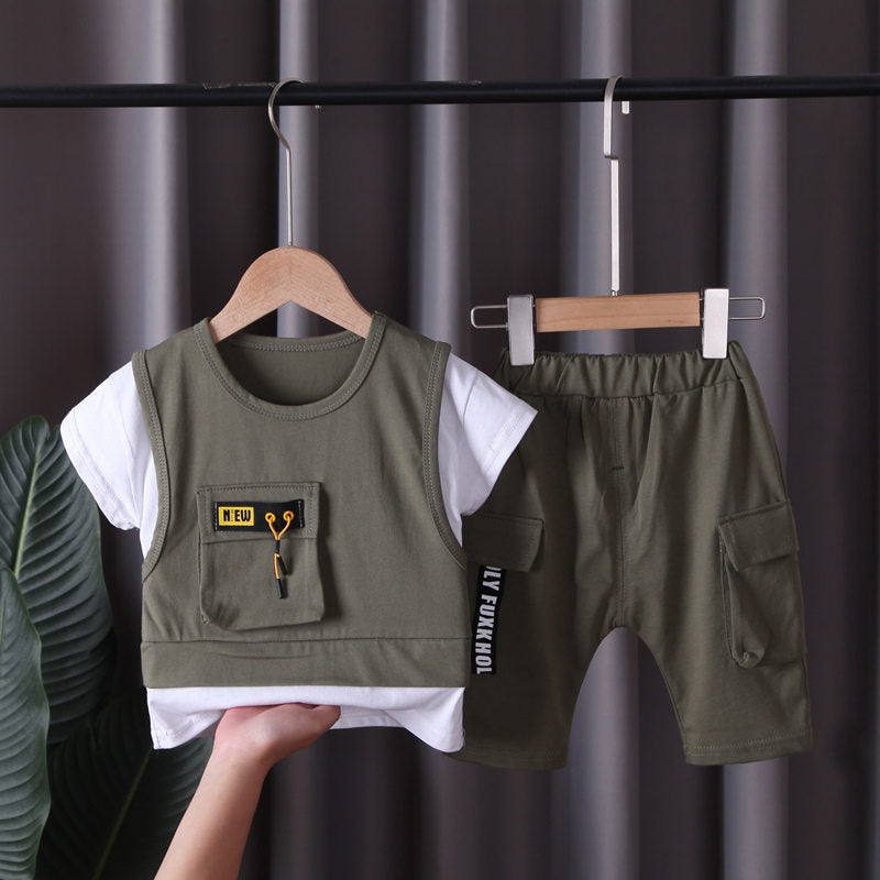 New Children Cotton Clothes Summer Kids Boys Patchwork T Shirts Shorts Pants 2Pcs/sets Infant Kids Toddler Tracksuits 0-5 Years