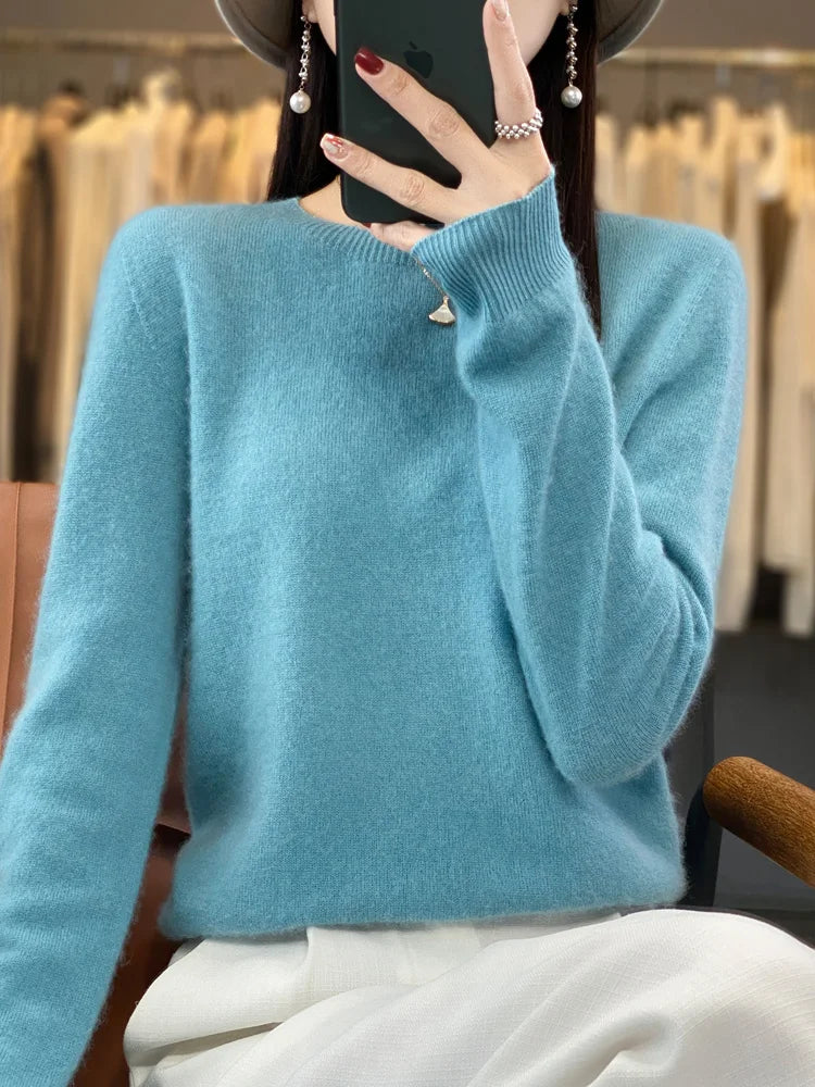 100% Merino Wool Sweater Women O-neck Cashmere Knitwear Female Pullover Autumn Winter Casual Tops Solid Color Soft  Clothing