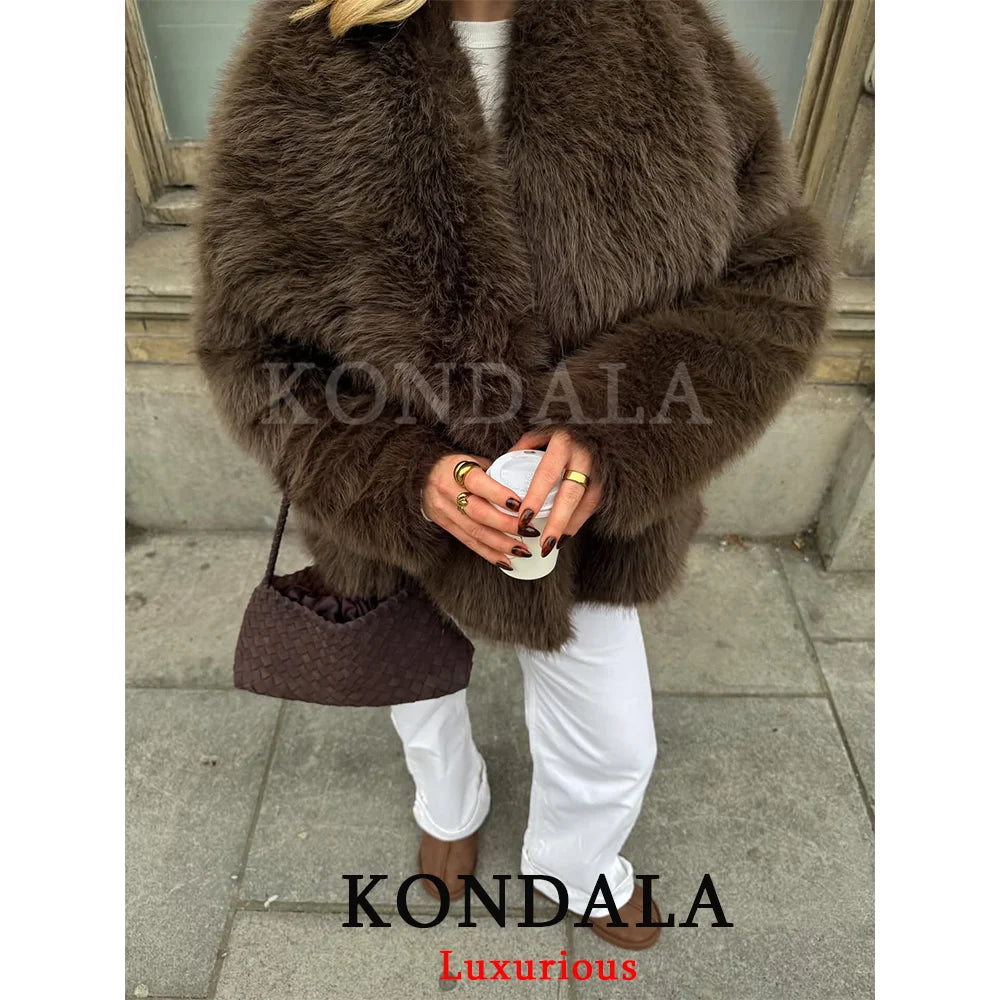 KONDALA Casual Brown Thick Fur Jackets Women Long Sleeve V Neck Autumn Winter Faux Fur Coats Fashion 2025 Streetwear Outwears