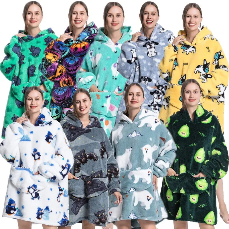 Super Long Oversized Winter Sherpa Blanket Plush Flannel Warm Family Matching Hoodie Christmas Homewear Avocado Women Sweatshirt