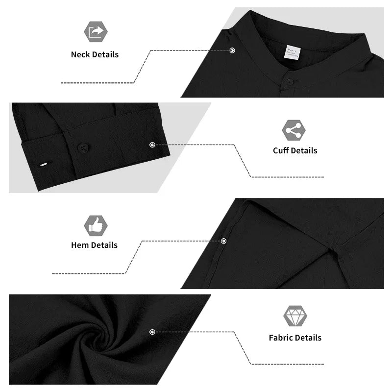 Summer Men's Linen Henry Long Sleeve T-Shirt  European and American Woven Solid Color Casual Polo Shirt