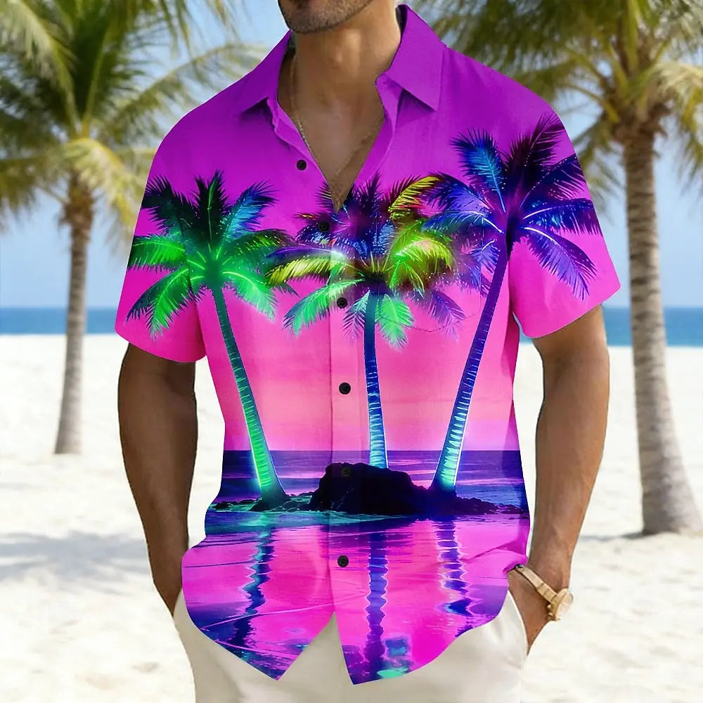 2026 Men's Coconut Tree Landscape Neon Glow Shirts Hawaiian Shirt Aloha Shirt Short Sleeve Vacation Summer Front One Pocket