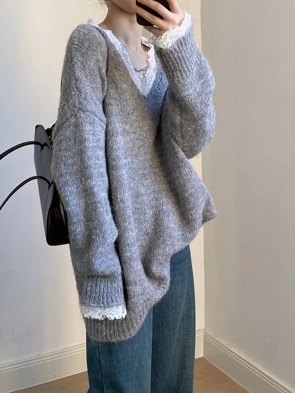 Aoaiiys Sweaters Women V Neck Lace Spliced Pullovers Vintage Chic Knitted Jumpers Autumn Winter New Comfortable Loose Sweaters