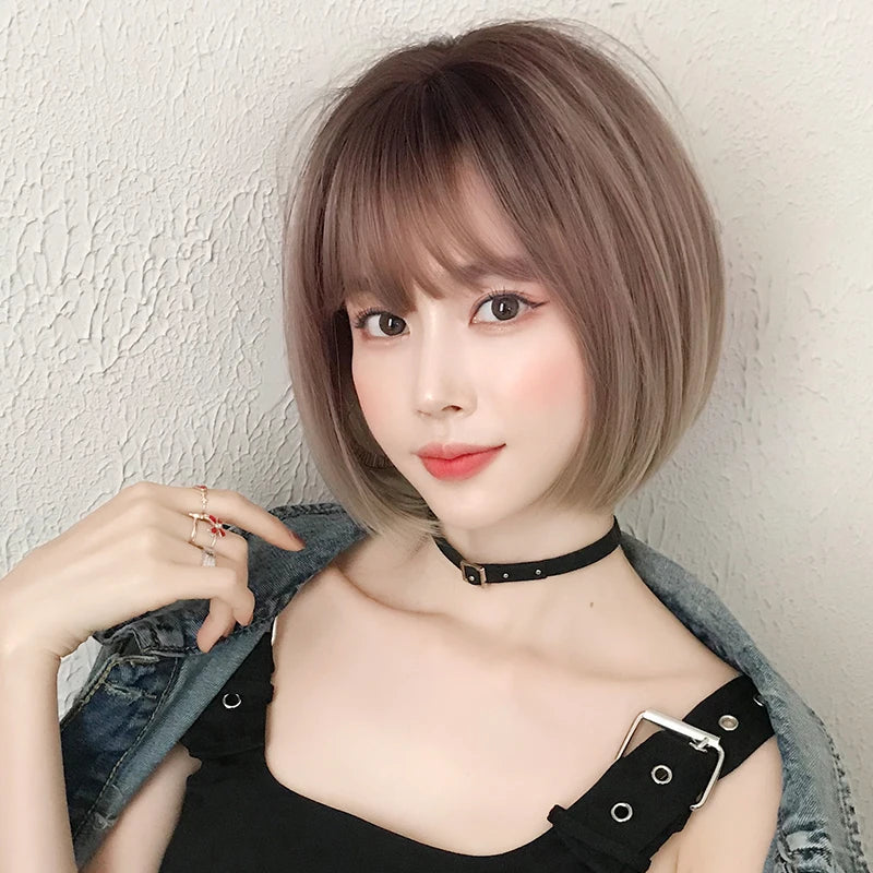 Pixie Cut Wigs Synthetic Short Straight Pink Brown Bob Wigs with Dark Roots High Density Layered Hair Wigs with Curtain Bangs