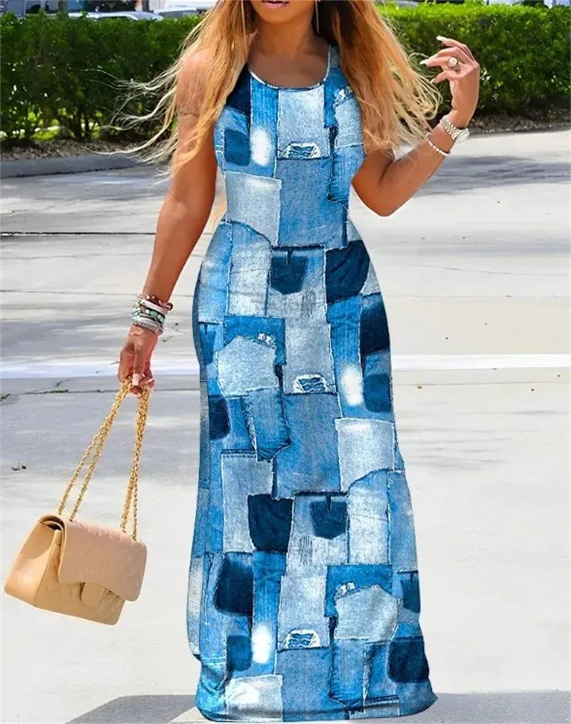 Women 2024 New Dress Denim Look Print U-Neck Maxi Dress