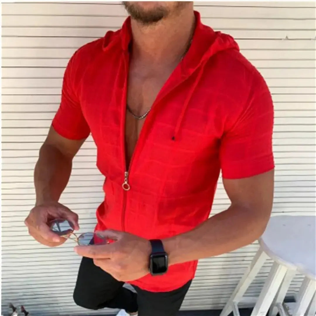 2026 summer new fashion plaid zipper sleeveless hooded cardigan T-shirt men's slim sports breathable fitness top