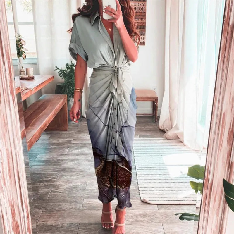 Sexy Irregular Long Dress For Women Fashion V-neck Lace-up Wrinkled Buttoned Dress Elegant Short Sleeves Clothing Ropa De Mujer