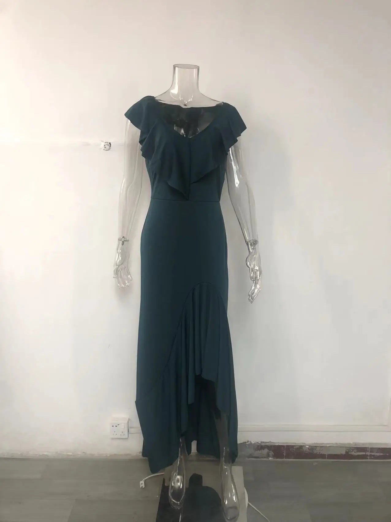 Fashion Evening Dresses Sexy V-Neck Elegant Party Irregular Solid Color Hem Ruffle Women Maxi Dress Short Sleeve Floor Length