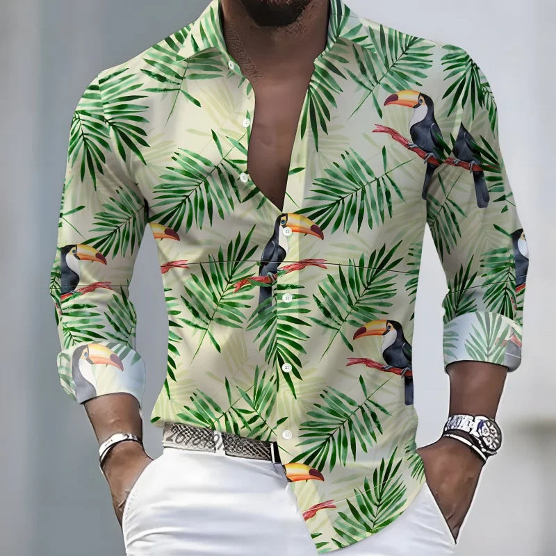 2026 New Hawaiian Style Coconut Tree Print Long-Sleeve Shirt, Stylish Print Men's Casual Vacation Loose Collar Hawaiian Shirt