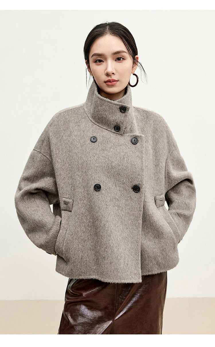 SENTUBILA 100% Wool Coats For Women Winter Jackets 2025 Stand Turtleneck Double Sided Short Outerwears Female Clothes W44O56626