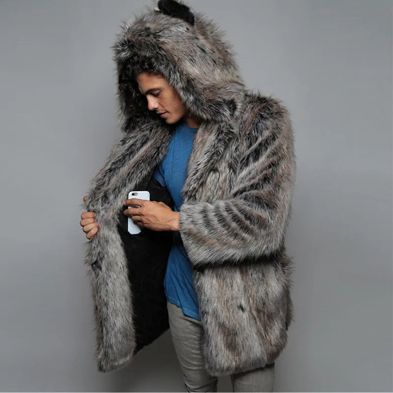 Men's Faux Fur Coat Long Sleeve Hooded Thick Warm Jackets Male Plush Fluffy Cardigan Casual Parka Snow Wear Winter Fur Coat 512
