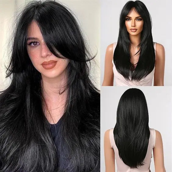 LOUIS FERRE Black Pink Ombre Synthetic Wigs for Cosplay Long Straight Layered Wigs with Bangs for Women Heat Resistant Fake Hair