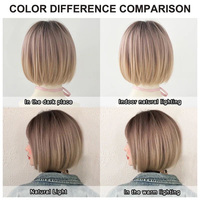 Pixie Cut Wigs Synthetic Short Straight Pink Brown Bob Wigs with Dark Roots High Density Layered Hair Wigs with Curtain Bangs