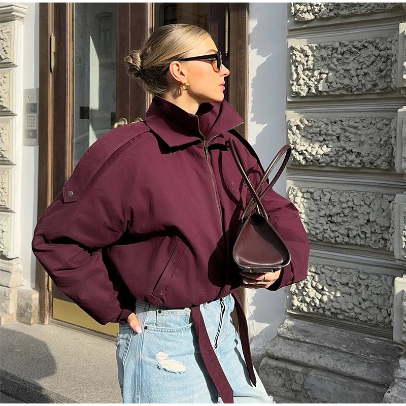 Fashion Wine Red Zipper Loose Overcoat Women Chic High Collar Long Sleeve Lace Up Elastic Waist Jacket Female Commute Daily Coat