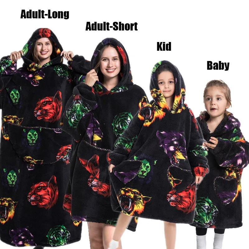 Extra Long Winter Hoodies Sherpa TV Blanket Plush Fleece Family Matching Outfits Sweatshirts Avocado Dinosaur Homewear Oversized