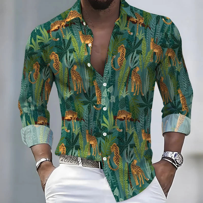 2026 New Hawaiian Style Coconut Tree Print Long-Sleeve Shirt, Stylish Print Men's Casual Vacation Loose Collar Hawaiian Shirt