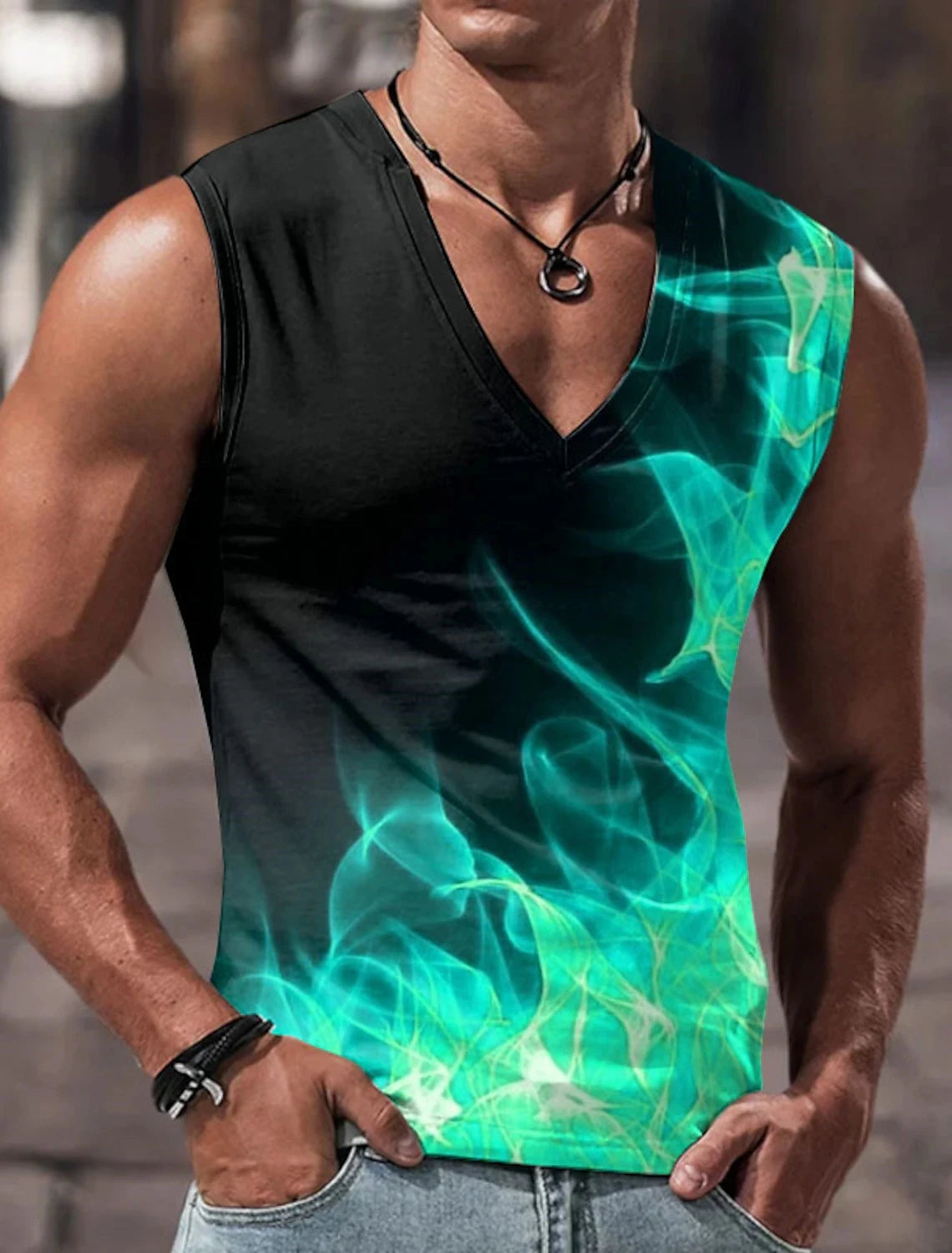 Men\'s Vest Sleeveless T Shirt Patterned Spliced Flame Shirt Casual Muscle V Neck Clothing 3D Printed Sports Running Fitness