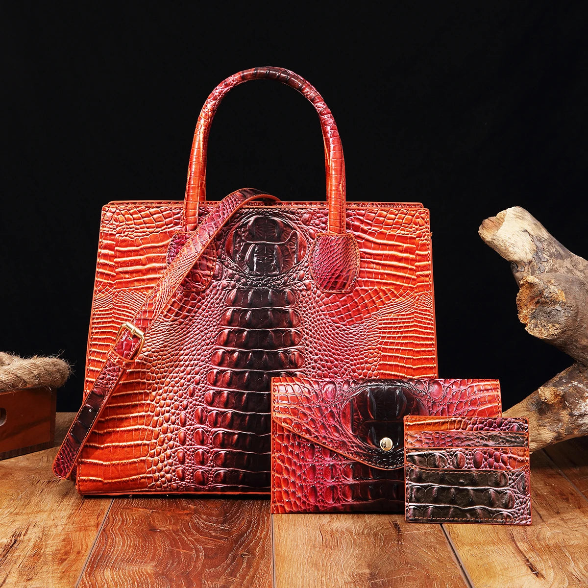 3 Pcs Crocodile Pattern Handbag & Purses Set, Multi-functional Vintage Top Handle Crossbody Bag & Business Clutch Bag & Card Coi