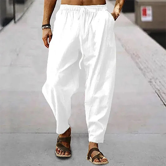 New Men Cotton Linen Pants Summer and Autumn Solid High Waist Wide-Leg Trousers Male Loose Hemp Casual Breathable Sports Pants