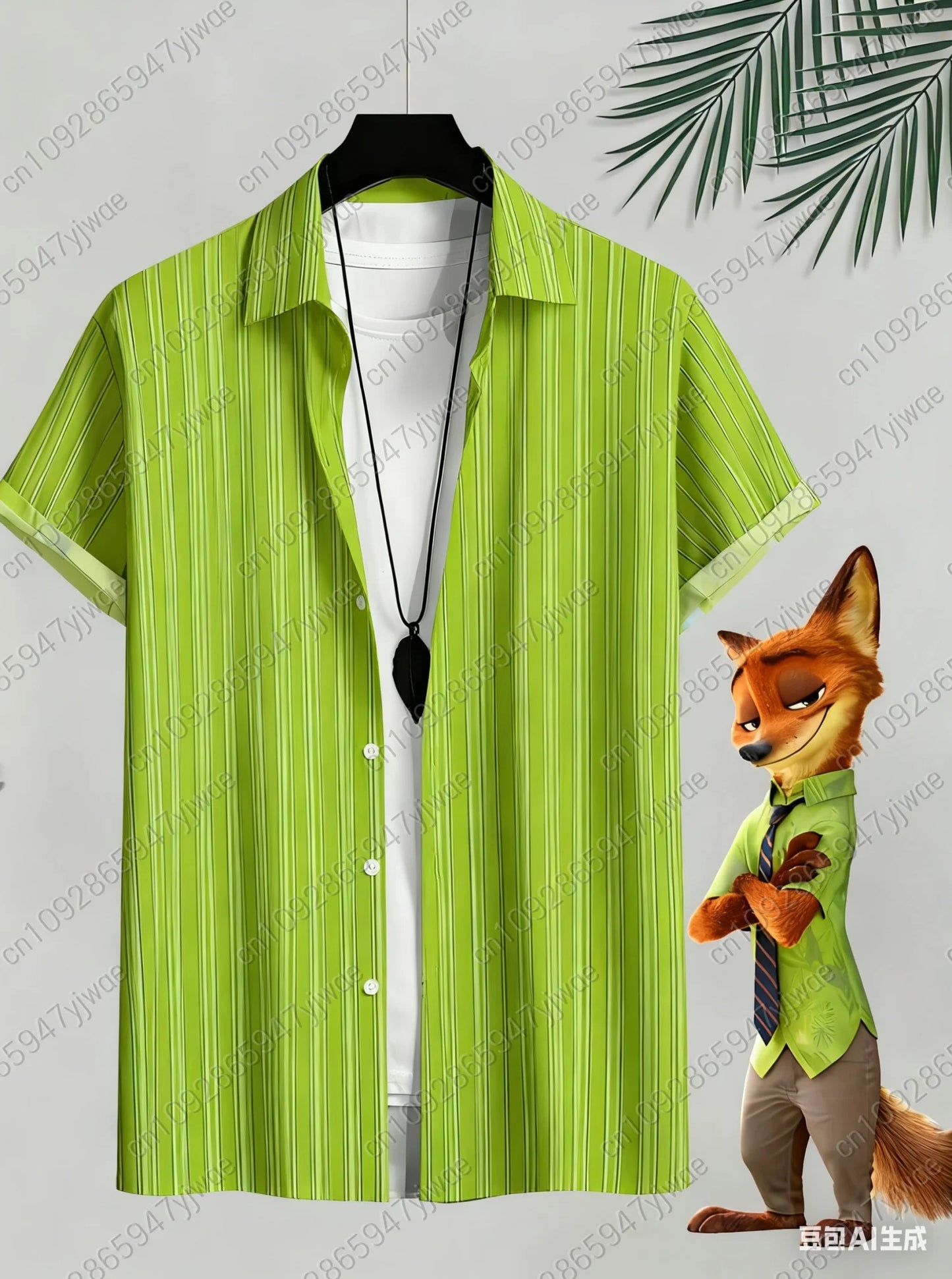 Mens Zootop Same Shirt Green Print Short Sleeve Lapel Shirt Tops Men's Casual Button-Down Shirts For Summer Daily Wear Shirts