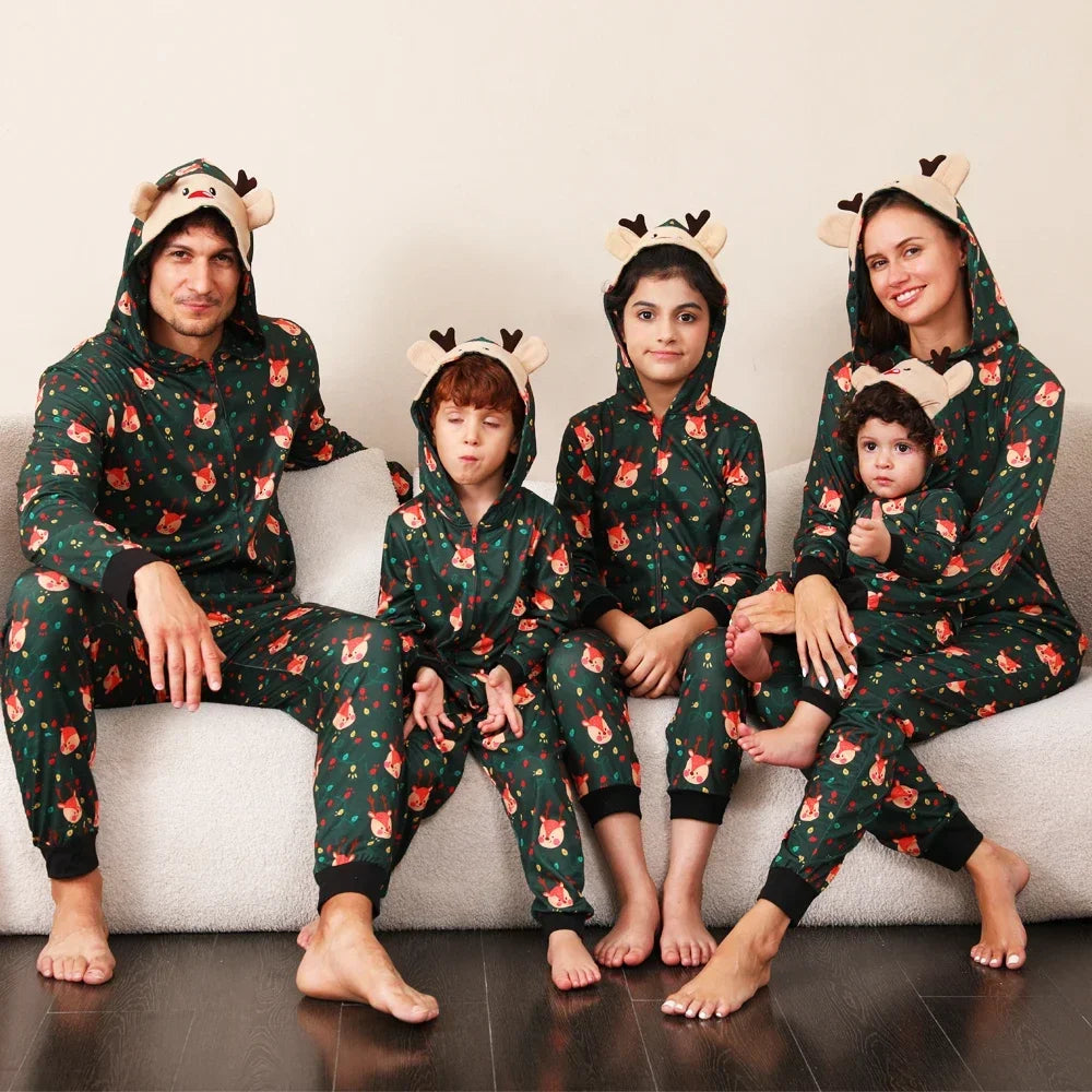 Christmas Gift Mother Father Kids Matching Outfits Cute Deer Ear Hooded Romper Overall Soft Loose One-Piece Pajamas Family Look