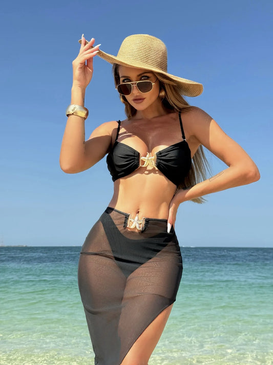 Women's 3 Piece Swimsuit Metal Starfish Bikini Set High Waist Yarn Skirt Cover-ups Suspender Backless Swimwear 2025 Summer New