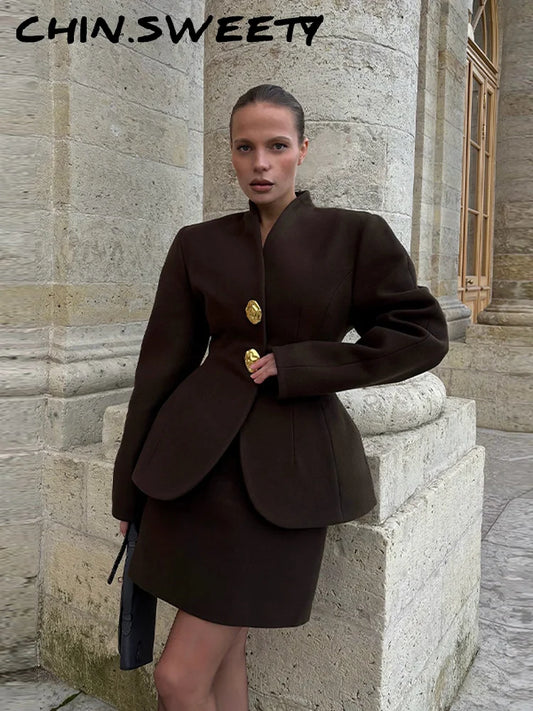 Chic Waist-cinched Blazer Skirt Women Set Elegant Long Sleeve Single Breasted Coat Hip Package Skirts Spring Lady 2 Pieces Sets
