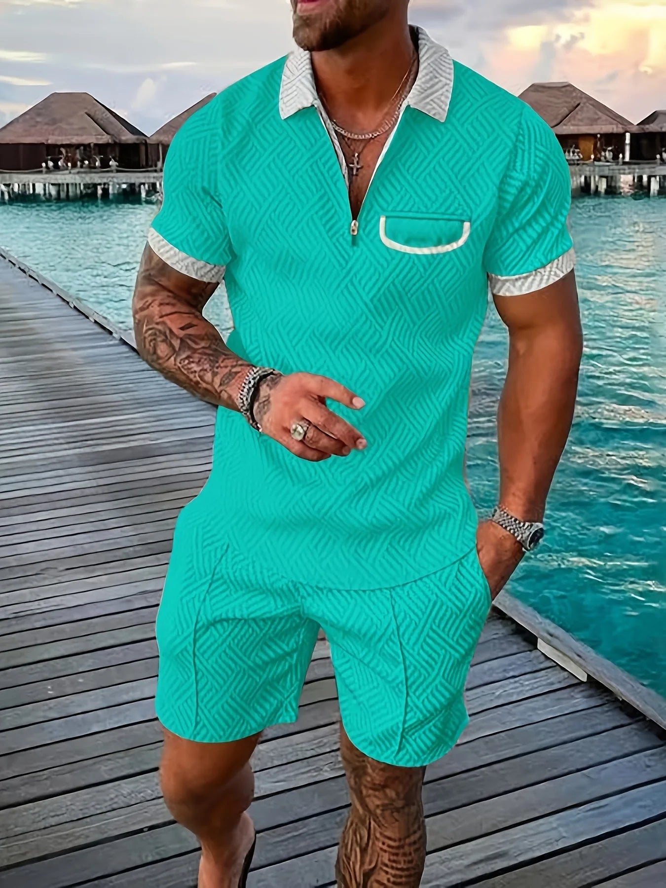 2025 new summer Hawaiian Beach men's fashion lapel casual suit 3D digital print pullover zip-up short-sleeved men's shorts
