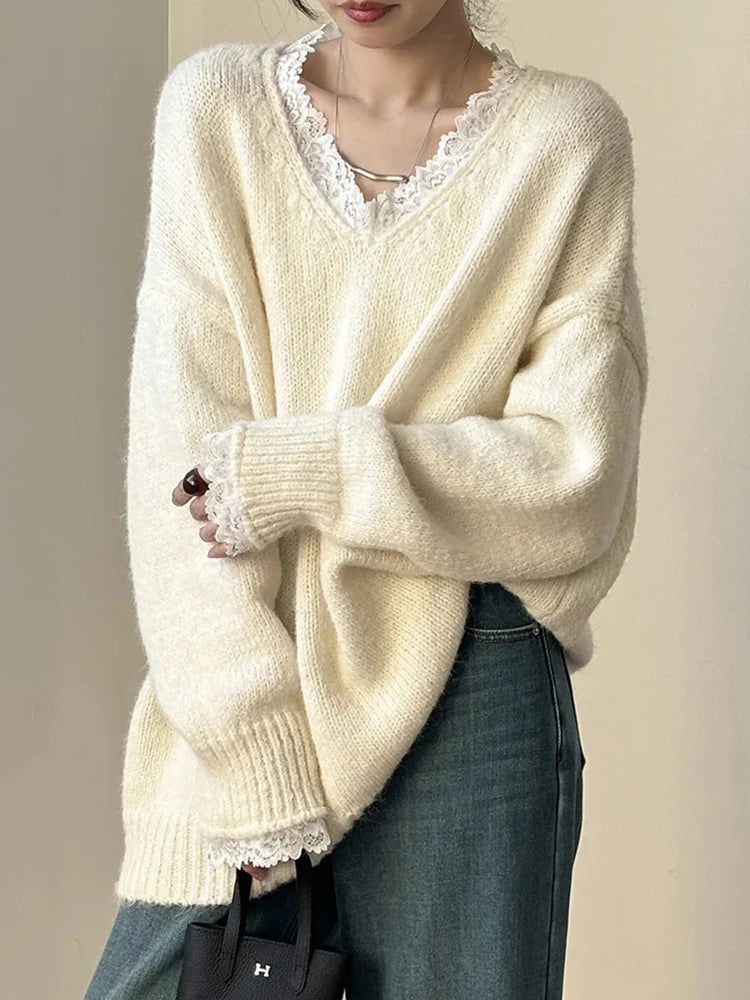 Aoaiiys Sweaters Women V Neck Lace Spliced Pullovers Vintage Chic Knitted Jumpers Autumn Winter New Comfortable Loose Sweaters