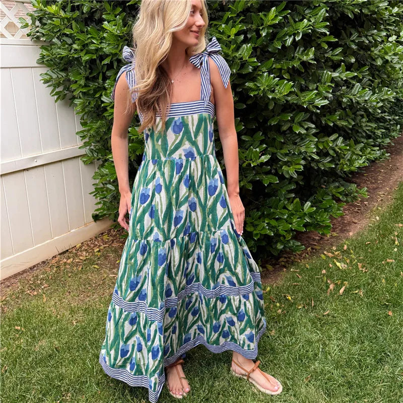 hirigin Women Summer Boho Maxi Dress Vintage Floral Tie Shoulder Flowy Long Dress Square Neck Ruffle Tiered Beach Sundress
