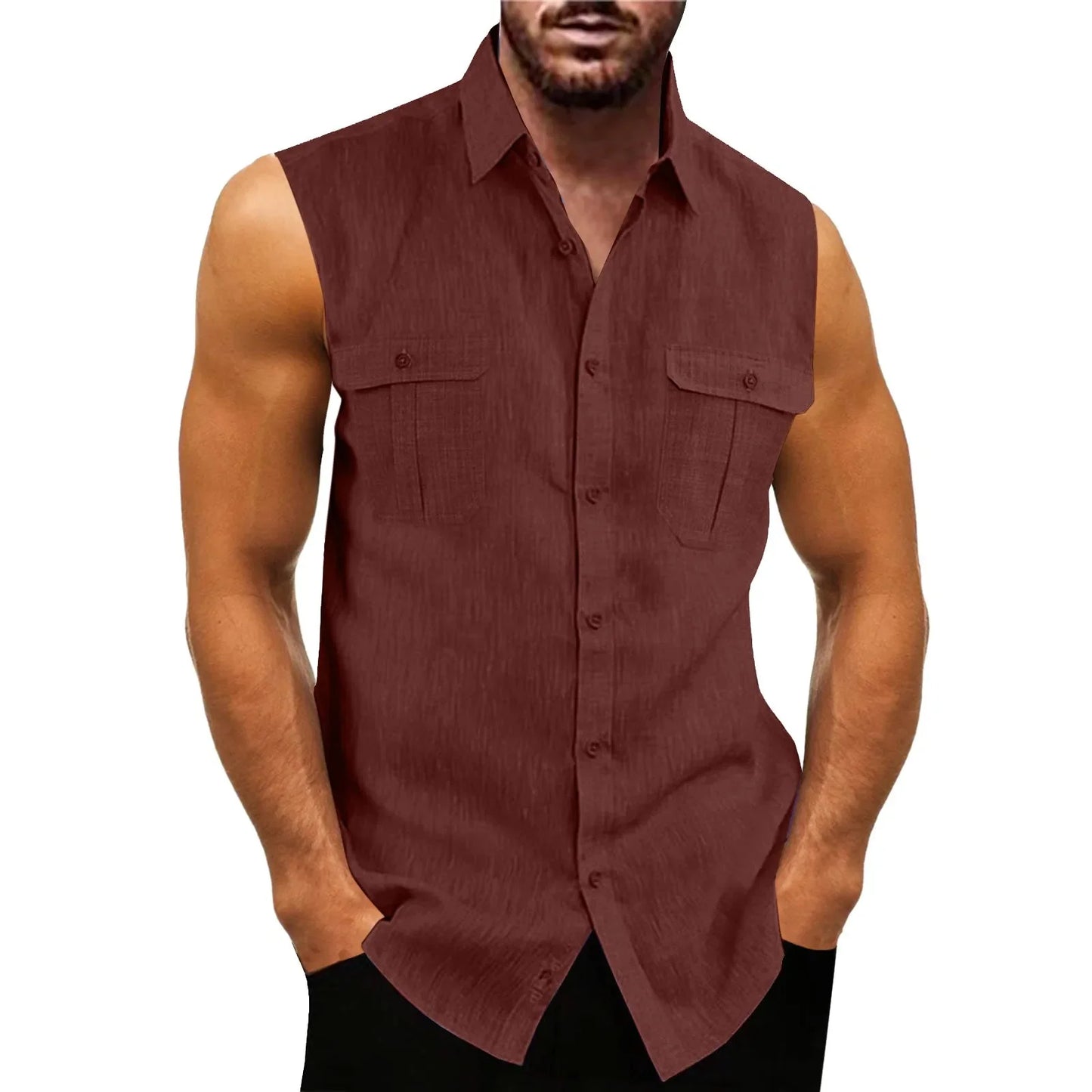 New Men's Shirts Vest Summer Cotton Linen Tops Solid Color Cardigan Sleeveless Loose Lapel Handsome Men's Shirts Casual Blouse