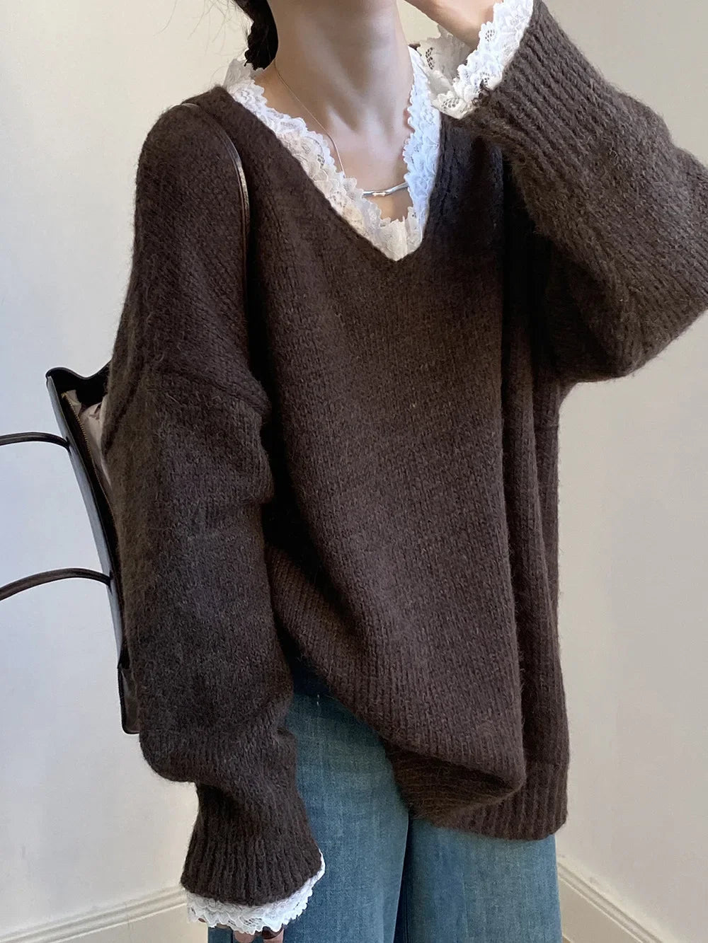 Aoaiiys Sweaters Women V Neck Lace Spliced Pullovers Vintage Chic Knitted Jumpers Autumn Winter New Comfortable Loose Sweaters