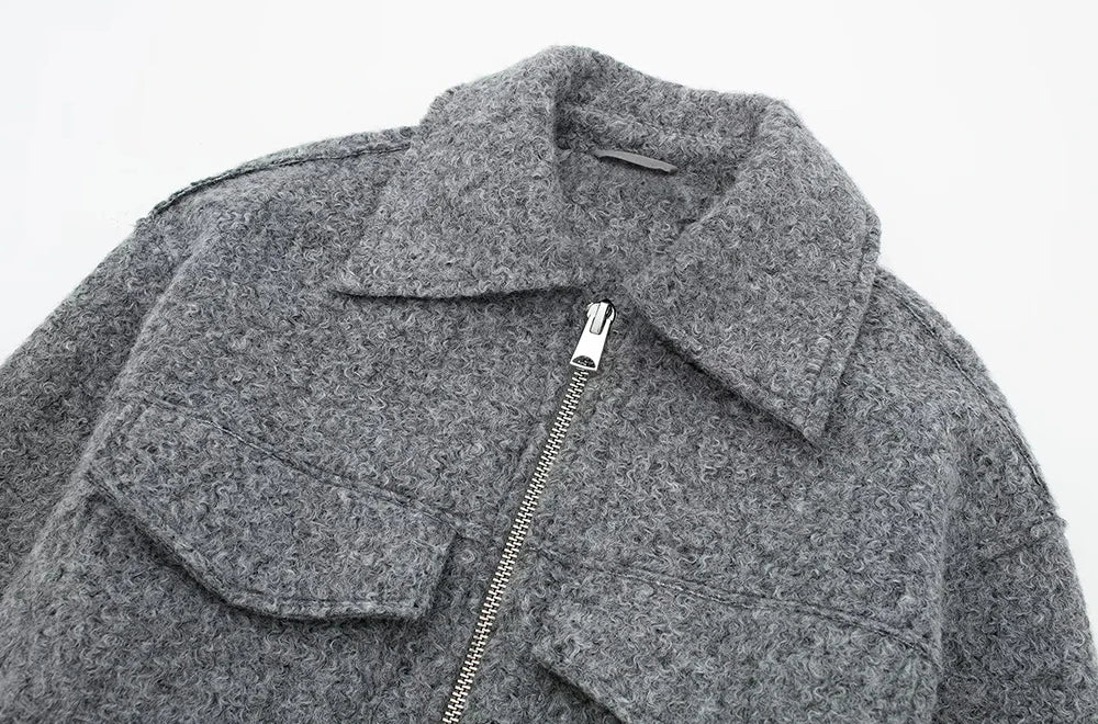 Women Fashion Patch Pockets With Flaps Cropped Jacket Coat Vintage Long Sleeve Front Zipper Female Outerwear Chic Tops