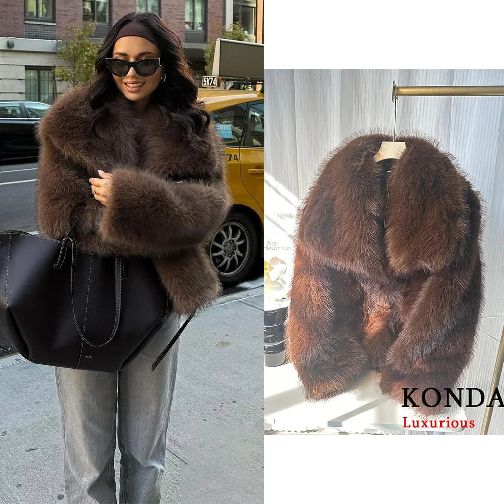 KONDALA Casual Brown Thick Fur Jackets Women Long Sleeve V Neck Autumn Winter Faux Fur Coats Fashion 2025 Streetwear Outwears