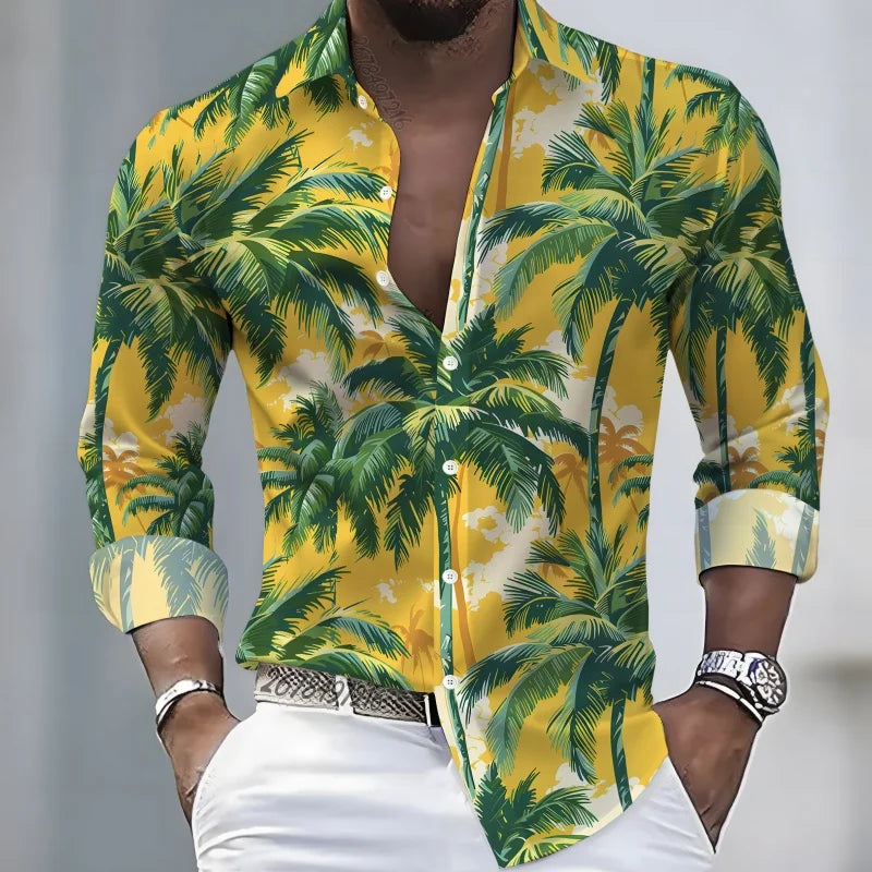 2026 New Hawaiian Style Coconut Tree Print Long-Sleeve Shirt, Stylish Print Men's Casual Vacation Loose Collar Hawaiian Shirt