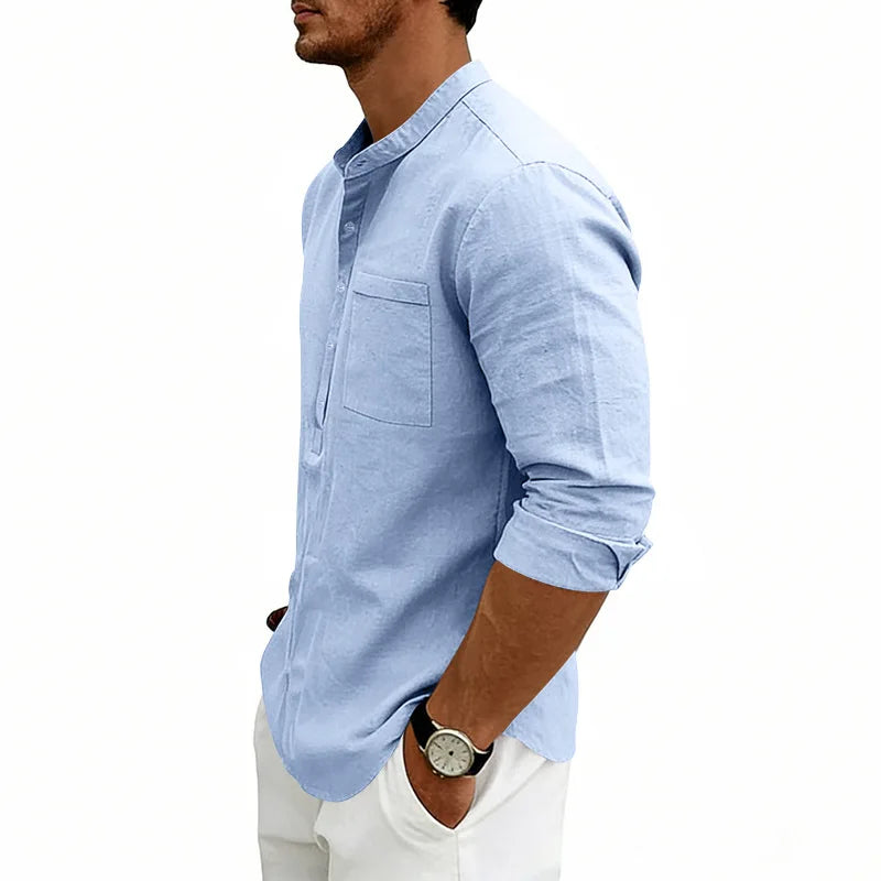 Summer Men's Linen Henry Long Sleeve T-Shirt  European and American Woven Solid Color Casual Polo Shirt