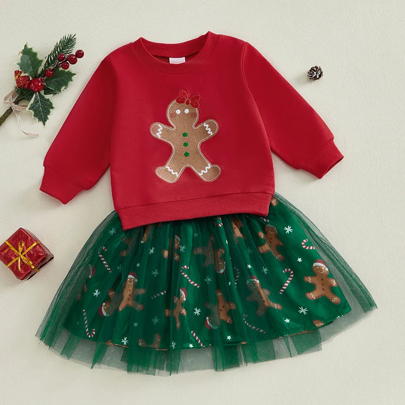 Infant Girls 2-Piece Holiday Set with Long Sleeve Gingerbread Sweatshirt and Tulle Skirt - Festive Baby Clothing for Christmas