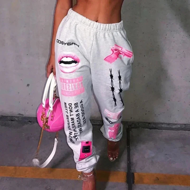 Summer New Printed Fashion Elastic Waist Sports Casual Harlan Pants for Women