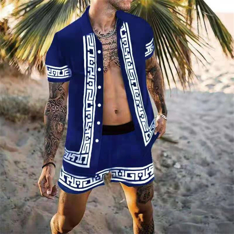 Men's Shirt Sets 3d Print Patchwork Lapel Short Sleeve Casual Shirt Beach Shorts Summer Streetwear Vacation Hawaiian Suits Men
