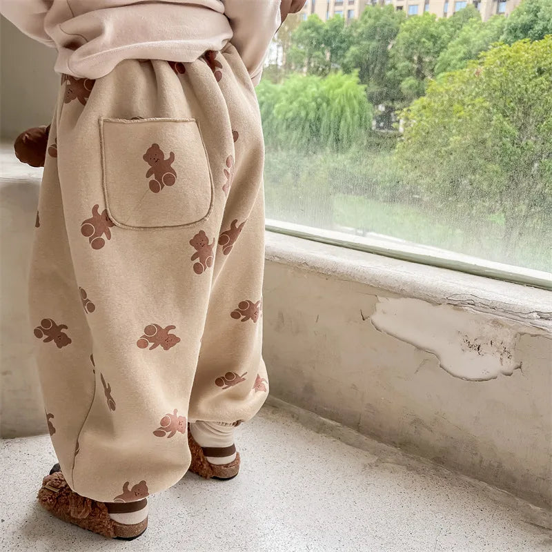 Winter Boys and girls cartoon bears inner fleece sweatpants Children thicken warm loose Trousers