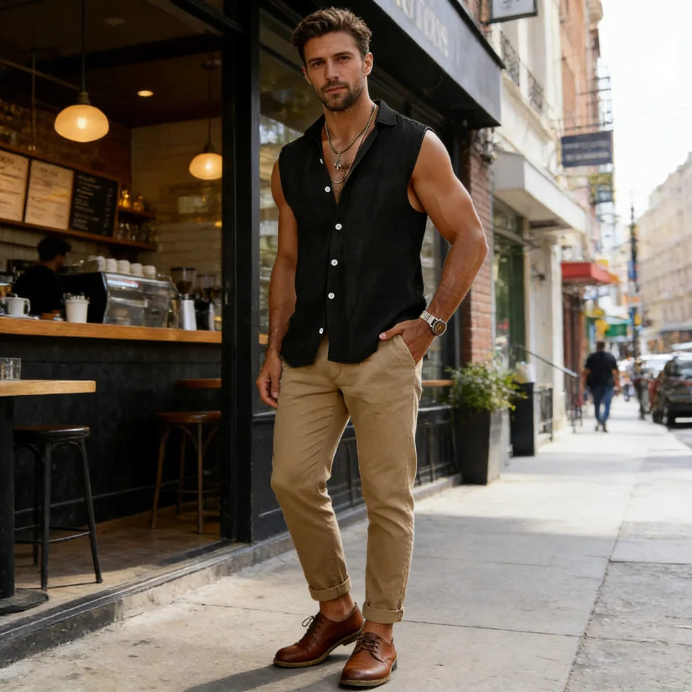 2026 Men's Sleeveless Cotton Linen Shirt Turn Down Collar Button Up Casual Beach Tops