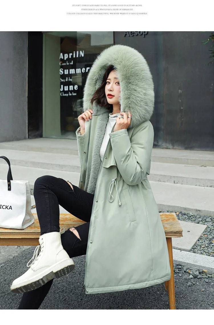 Winter Parka 2024 New Women Jacket Clothes Long Coat Wool Liner Hooded Jacket Fur Collar Thick Warm Snow Wear Fashion Parka