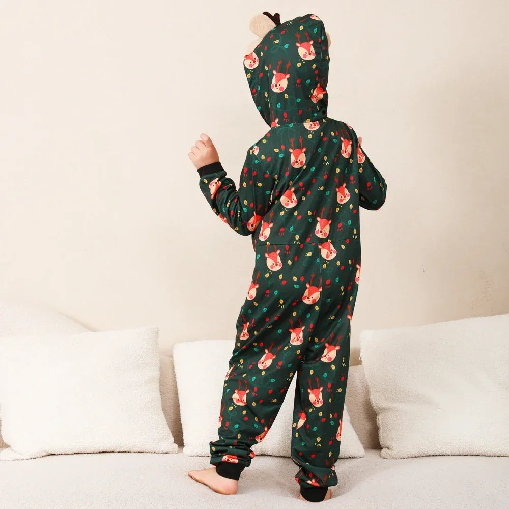 Christmas Gift Mother Father Kids Matching Outfits Cute Deer Ear Hooded Romper Overall Soft Loose One-Piece Pajamas Family Look